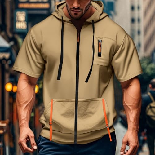 Mens Tactical Full Zip Hoodies Short Sleeve Hooded Cargo Workout Outdoor Sweatshirt with Pockets2