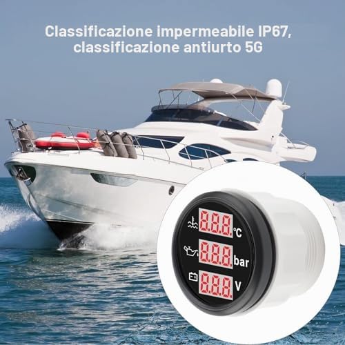SIXRUN Strumento 3 in 1, Misuratore Digitale Temperatura Liquido Raffreddamento Pressione Olio Voltaggio, 52mm, 12V, Display Rosso, IP67, per Auto Barca Camion