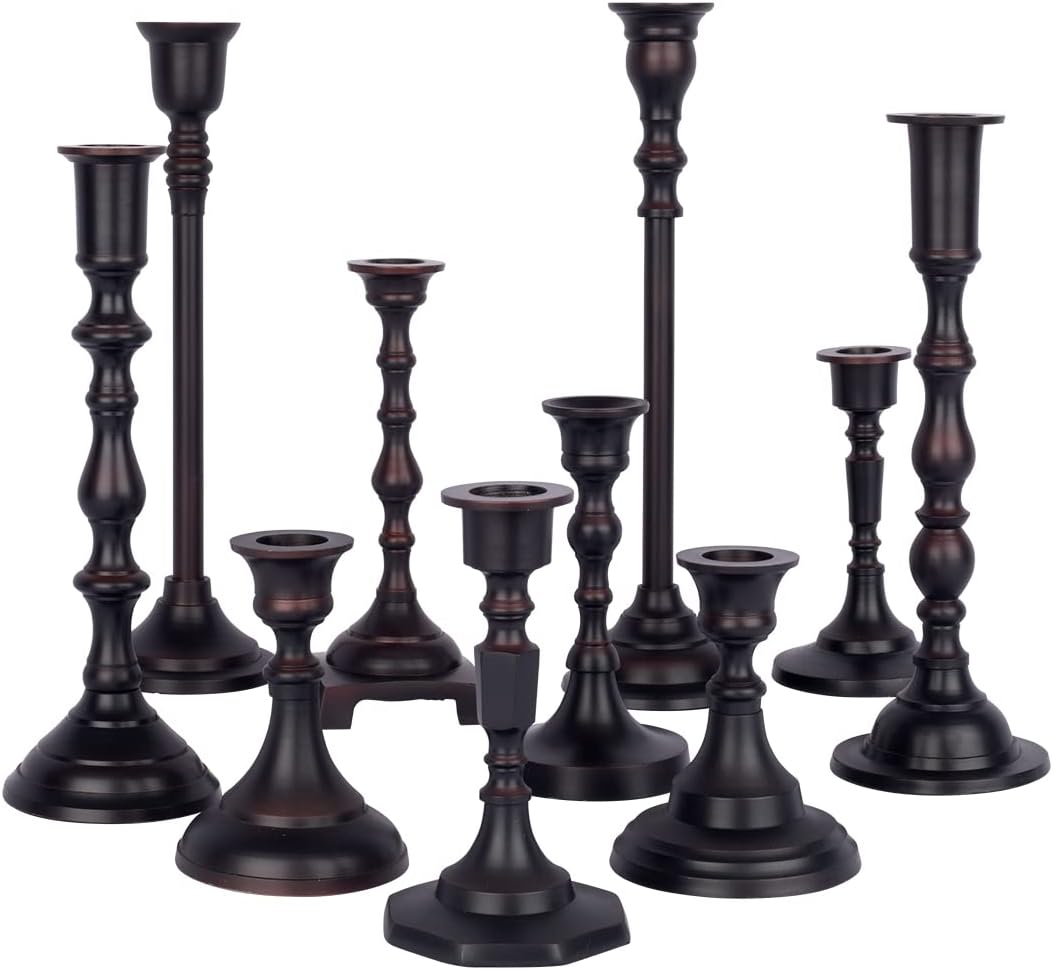 Koyal Wholesale Bronze Mixed Taper Holders, Set of 10, Mismatched Candlesticks Set, Bohemian Decorative