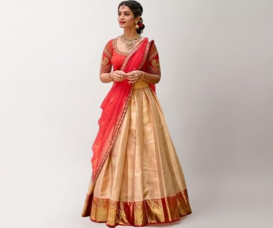 Kanjivaram Soft Pure Zari Silk Traditional Lehenga Saree, Unstitched Lehenga Choli, Half Saree.