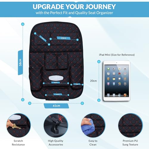Image of Neodrift 'Seat Master' Premium 7D Car Seat Organizer With Folding Meal Tray, Universal Fit & Stylish Interior, Multipocket Storage for Bottles, Mobile, Keys and Documents & Tissues (Color: Black-Red)