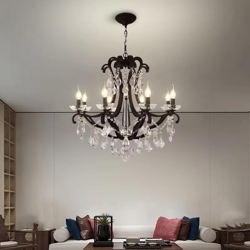 LXMQEF ﻿ Lampadario di Cristallo in Ferro Rustico per Soggiorno in Fattoria, Sala da Pranzo, Cucina, Lampada a Sospensione a soffitto a Candela a LED Nero Opaco, Isola
