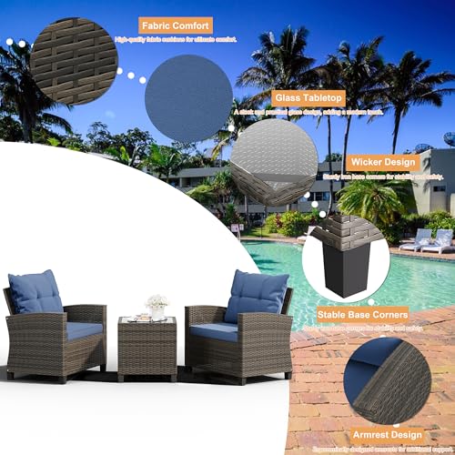 Shintenchi 3 Pieces Patio Furniture Set 3 Pieces PE Rattan Wicker Chairs with Table Outdoor Furniture for Backyard/Garden/Poolside/Outdoor Restaurant Gary Rattan with Blue Cushion - Image 6