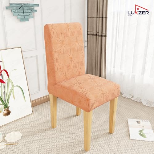 Image of Lukzer Elastic Dining Chair Cover - 2PC Pastel Orange Starlight | Textured High Stretch Jacquard Seat Cover | Removable Washable Short Dining Chair Cover Protector Seat Slipcover | (CC-142-02)