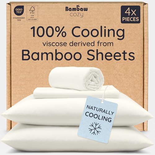 Bambaw 100% Viscose Derived from Bamboo King Size Bed Sheet Set - 4pcs Luxury Cooling Sheets for Hot Sleepers, Soft Sheets, Fits Up to 16'' Deep Pocket (Ivory)