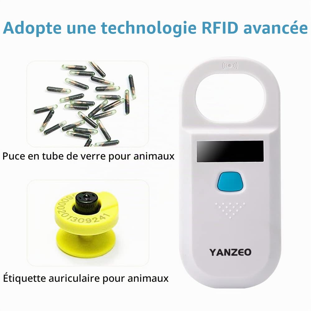 Yanzeo AR180 Lecteur puce animaux RFID EMID portable 134,2 kHz, scanner d'identification pour chien et chat avec batterie intégrée