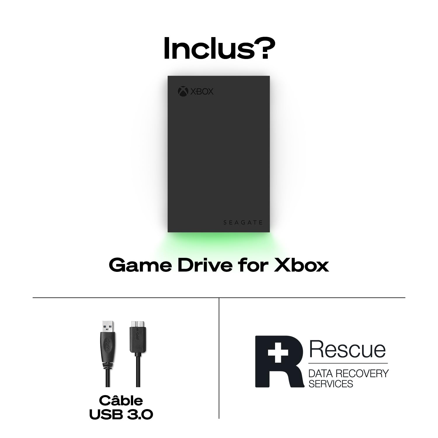 Seagate Game Drive pour Xbox 2To, Disque Dur Externe, HDD Portable, USB 3.2, Noir, certifié Xbox, LED RVB, Services Rescue (STKX2000403)