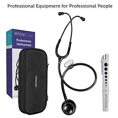 White Coat Dual Head Stethoscope, Lightweight and Acoustical with Protective Case Jet Black Plus LED Pen Light Pupil Gauge