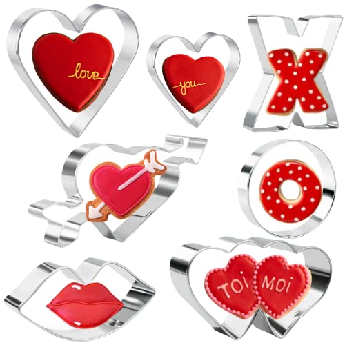 Valentine's Day Cookie Cutter Set, 7 Piece Valentine Stainless Steel Cookie Cutters Mold, Lips, Heart with Arrow