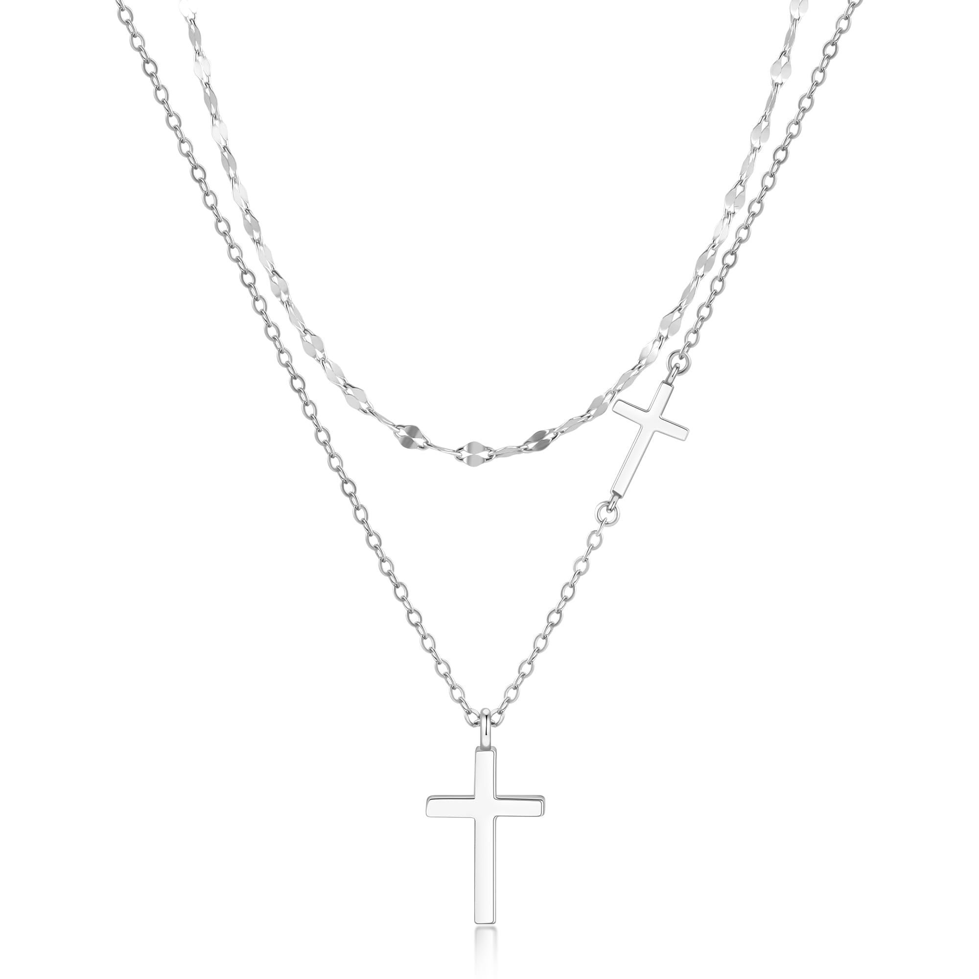 ANGELLIS 925 Sterling Silver Cross Necklace for Women - Layered Dainty Sideways 14K Gold Plated Small Double Cross Pendant for Jewelry Gifts