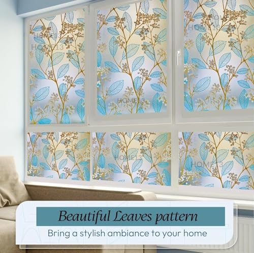 Image of HOME13 Window Privacy Film Frosted Glass Film Decorative Window Sticker Removable Window Film Home Office Privacy Film Window Coverings (Blue Leaves, 1 Feet by 8 Feet)