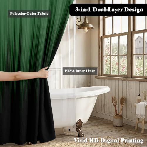 Image of AAtter 3 in 1 Green Black Gothic Shower Curtain Set, 72x72 Inch, 12 Hooks