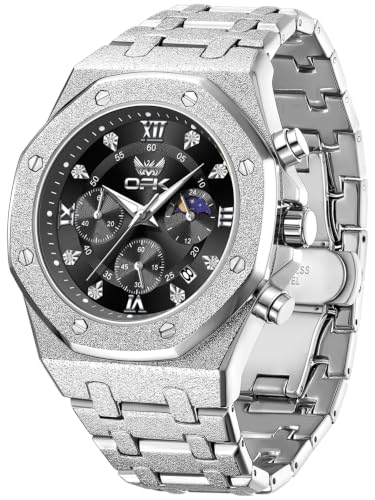 Image of OPK Men Analog Automatic Watches Waterproof Multifunction Chronograph Diamond Moon Phase Luminous Stainless Steel Band Wrist Watches