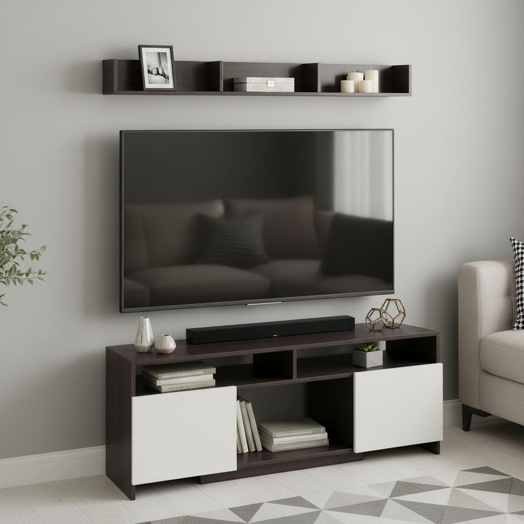 FURNEASER Dubbliss Engineering Wood Floor TV Cabinet/Entertainment Unit/Set Top Box Stand/TV Table with Storage & Display Shelves for 55" (WH)-image-40