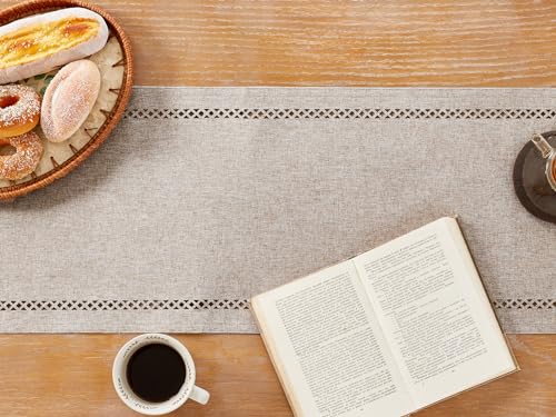 Aoztio Burlap Style Farmhouse Table Runner, 13 x 36 Inch Coffee, Rustic Geometric Hollow Table Runners 36 Inches Long for Dresser Table Everyday Use, 13x36 Inches, Coffee