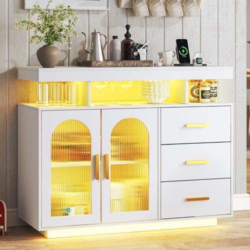 Yihomfy Buffet Meuble De Rangement LED, Vitrine Meuble TV 120 Cm, Meuble Bar 120 Cm, Buffet De Salon,De Cuisine (Blanc)