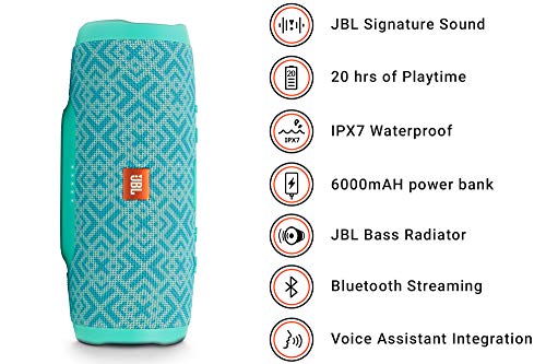 Image of JBL Charge 3 by Harman Portable Bluetooth Speaker with Upto 20 Hours Playtime, Built-in 6000 mAh Powerbank & IPX7 Waterproof (with Mic, Mosaic)