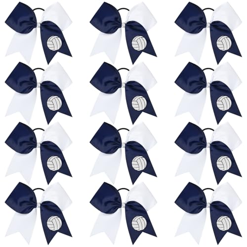 12 PCS Volleyball Cheer Bows 8 Large Hair Bows Ponytail Holders for Girls Cheerleader Sports Team Spirit Accessories Game Day School Party Handmade Glitter Streamer Hair Ribbons Bulk
