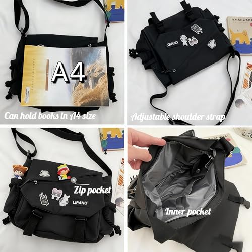 Image of Aesthetic Crossbody Bag with Cute Pins and Ornament, Nylon Shoulder Messenger Bag Japanese Kawaii Bag for Women Men
