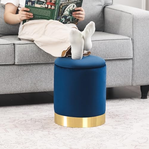 Joveco Round Storage Ottoman with Removable Lid, Velvet Upholstered Padded Vanity Stool Footrest with Gold Plating Base, Footstool for Living Room Bedroom Makeup Room (Blue) - Thumbnail 4