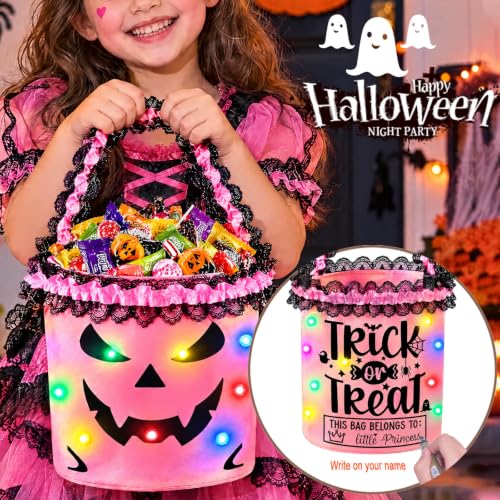 Halloween Trick or Treat Bags Candy Bucket, Upgraded Light Up Ghost Basket Decoration Multipurpose Reusable Goody Sweet Buckets for Scary Night Party Supplies Favors Festival Decor Gifts Pink 1 Pack - image 3