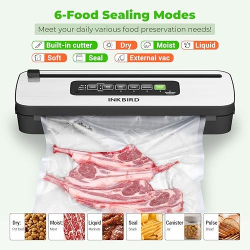 Vacuum-Sealer-Machine-INKBIRD-Powerful-130W-High-Power-with-LiquidMoistDry-6-Food-Modes-Compact-Food-Preservation-System-with-Cutter-Full-Start-Kit-with-Pre-cut-Bags10-8118-EXT-VAC Vacuum Sealer Machine INKBIRD Powerful 130W High Power with LiquidMoistDry 6 Food Modes Compact Food Preservation System with Cutter Full Start Kit with Pre cut Bags10 8118 EXT VAC