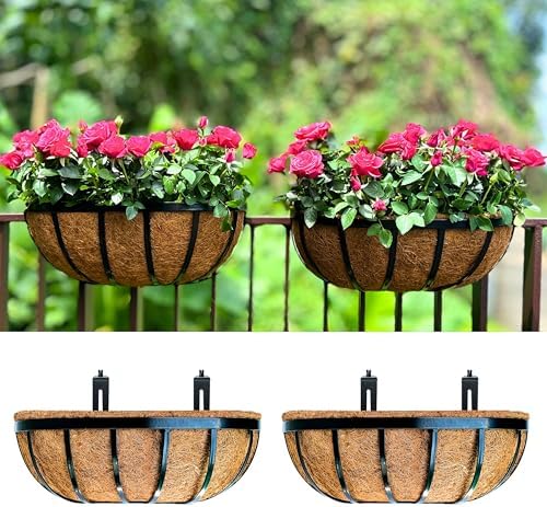 LaLaGreen Deck Railing Planter Boxes (16 Inch, 2 Pack) Black Meta...
