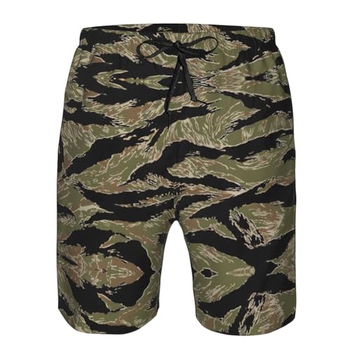 Tiger Stripe Camo Print Men's Swim Trunks | Quick Dry Drawstring Beach Shorts4
