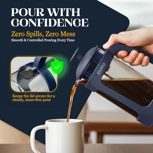 Image of ESPRO Light P3 French Press Coffee Maker - Patented Double Micro-Filter for Grit-Free Brew, Heat Resistant thicker Borosilicate Glass Coffee press - (Blue - 32 oz)