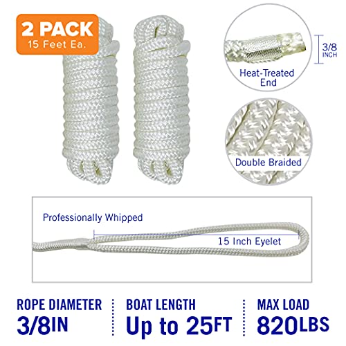 Image of Dock Lines for Boats 3 /8 inch x 15ft, 2 Pack Double Braided Nylon Boat Rope