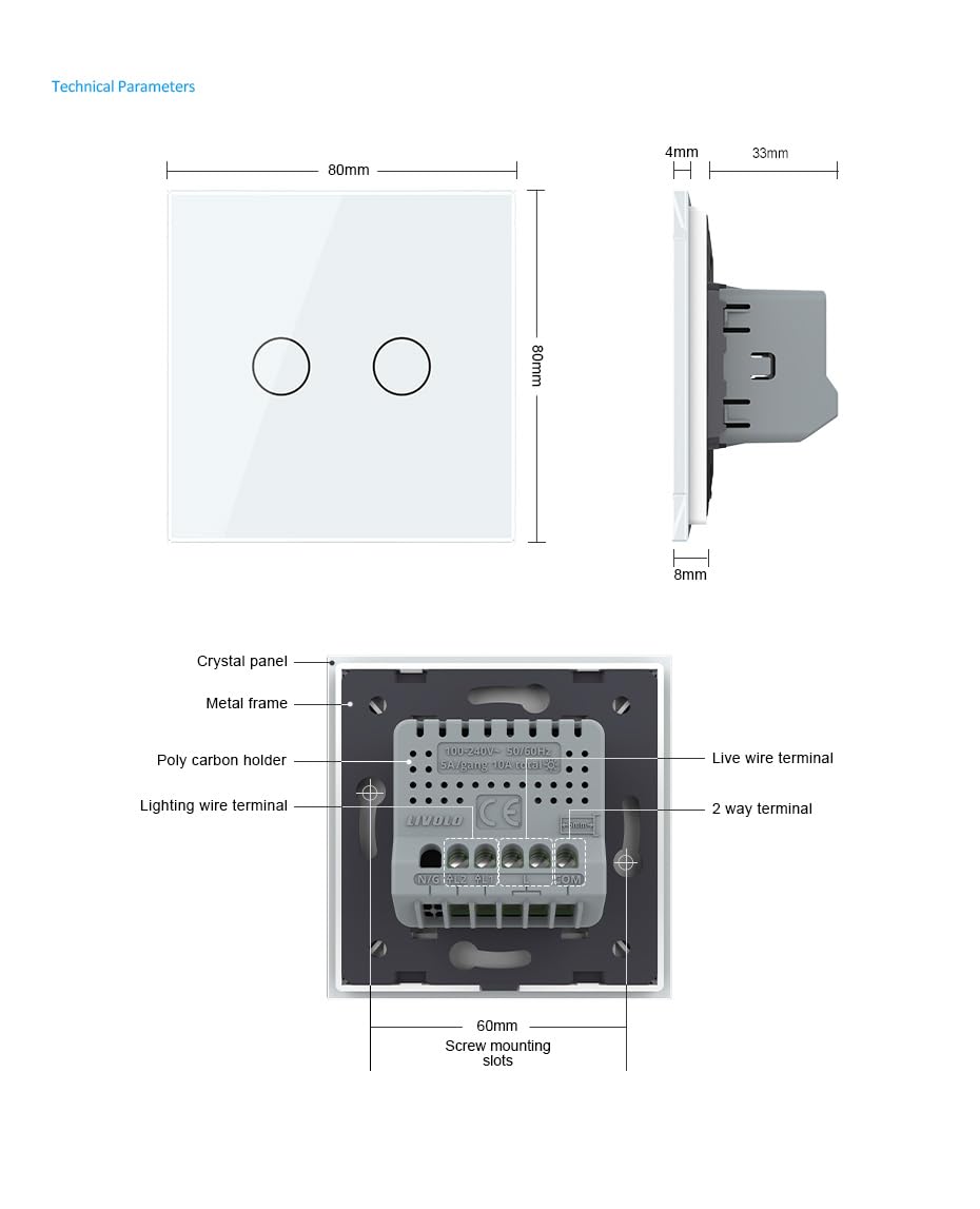 LIVOLO Interruptor de luz de pared táctil inteligente, 2 bandas, control de aplicación con Alexa y Google Assistant, no requiere cable neutro (blanco)
