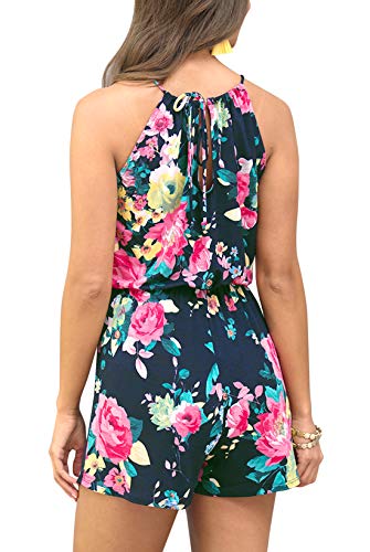 Women's Sleeveless Spaghetti Strap Beach Romper Short Pants Cotton Boho Floral Jumpsuit Navy S #TOP3