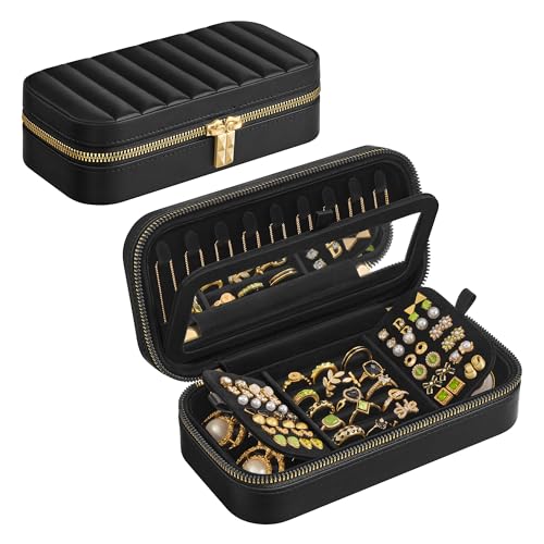 SONGMICS HOME ANAH Collection - Travel Jewellery Box, Small Jewellery Case Organiser with Mirror, 10.5 x 20.5 x 6 cm, PU Surface with Stitching, Portable, Zippers, Gift Idea, Ink Black JBC180B01