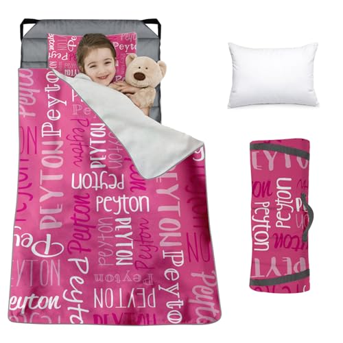 Custom Toddler Nap Mat for Preschool, Personalized Monogram Name Slumber Bags for Kids Daycare, Roll Up Sleeping Mats with Flannel Blanket & Removable Pillow for 2-15 Years Boys Girls Color01