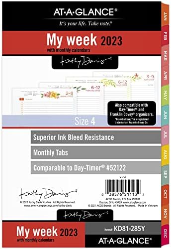 AT-A-GLANCE 2023 Weekly & Monthly Planner Refill, 52122 Day-Timer, 5-1/2" x 8-1/2", Size 4, Desk Size, Monthly Tabs, Kathy Davis (KD81-285Y)