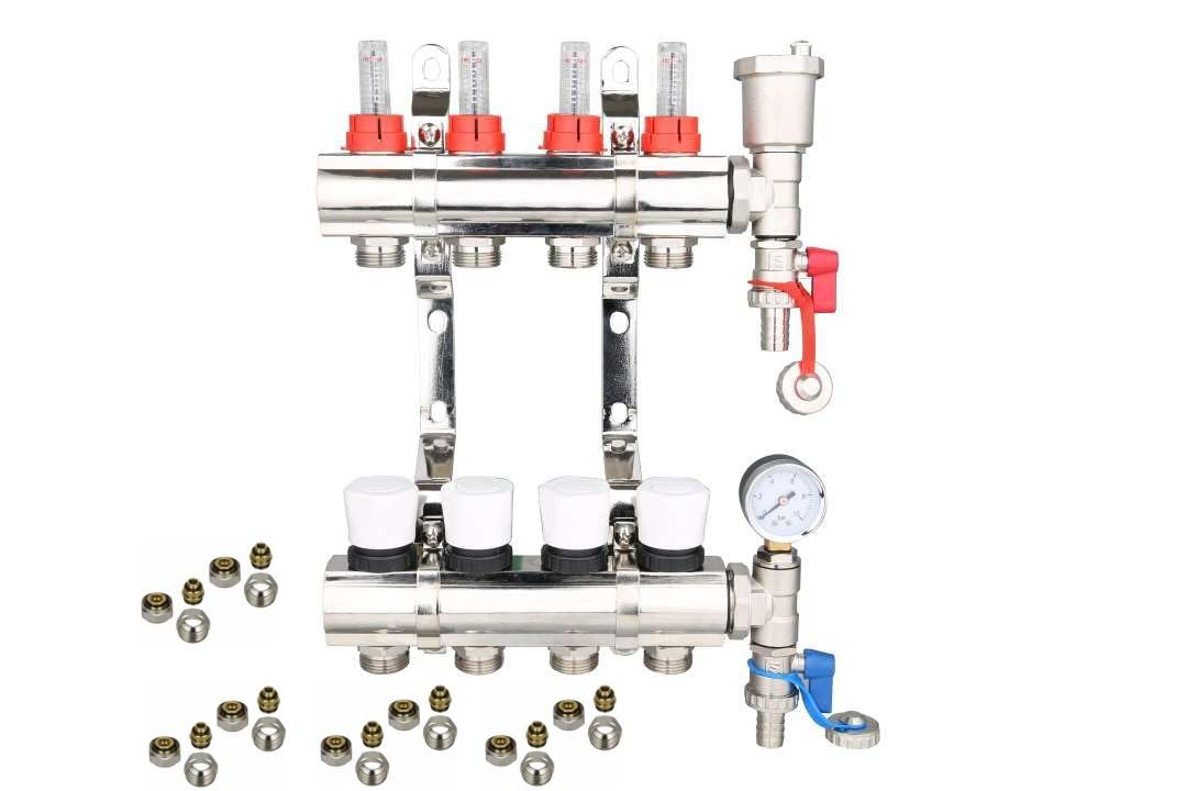 4 Port Complete Underfloor Heating Manifold with Pipe Connections, Automatic Air Vent & Pressure Gauge (15mm eurocones)