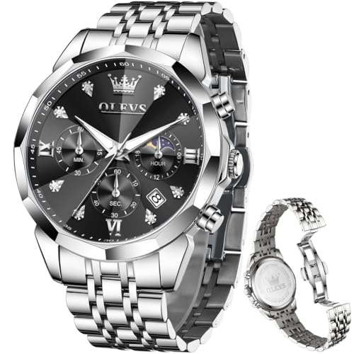 Image of OLEVS Watch for Men Luxury Gold Diamond Chronograph Business Wristwatch with Analog Quartz, Date Calendar, Stainless Steel Band, Luminous Hands, Waterproof