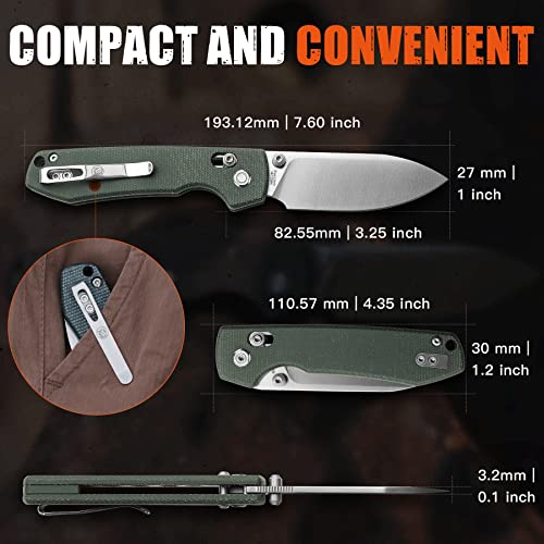 Image of Vosteed Raccoon EDC Folding Pocket Knife - 3.25 inch 14C28N Satin Blade, Crossbar Lock - Green Micarta Handle for Hiking, Hunting - A0503
