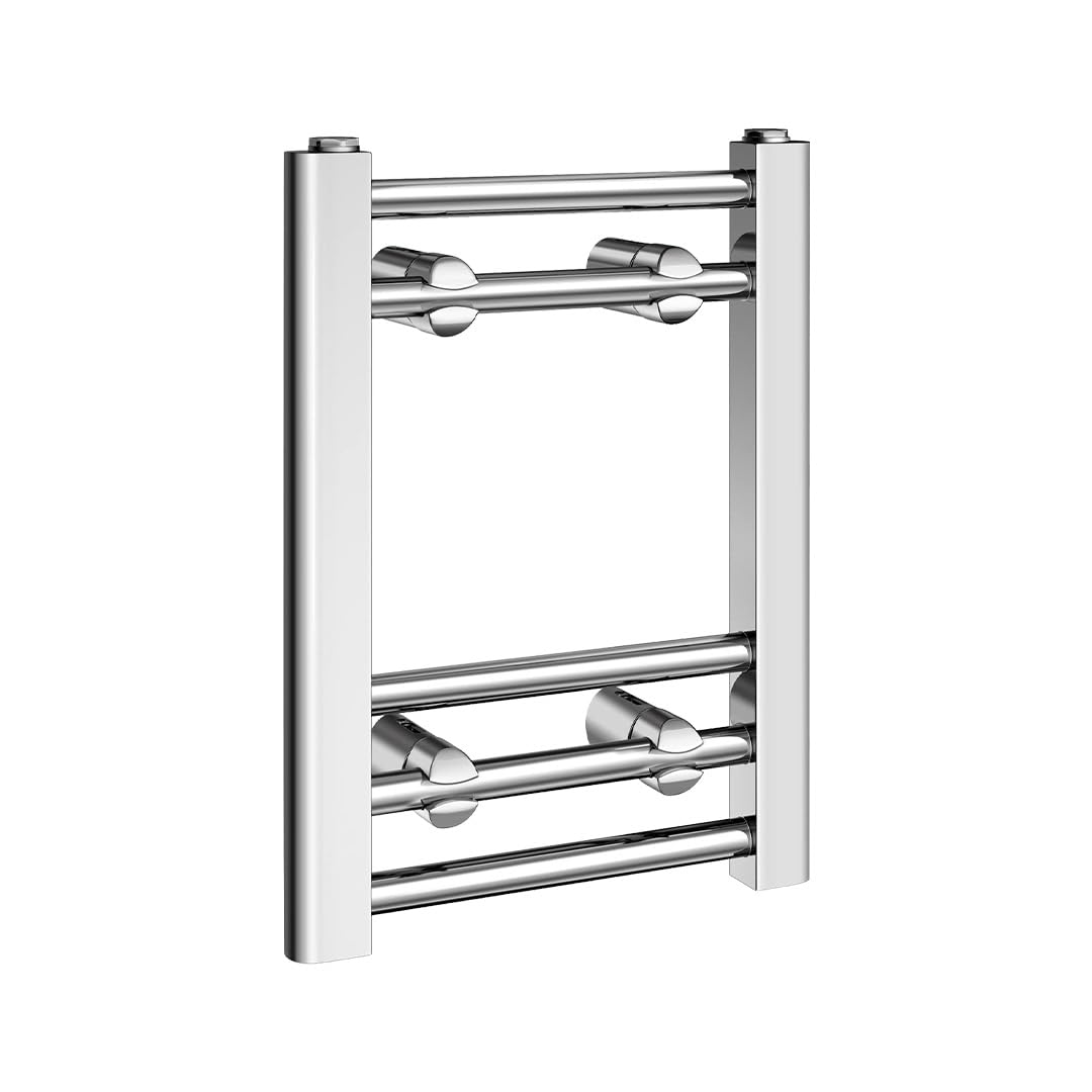Ibathuk Chrome Zypher Straight Wall Mounted Heated Towel Rail, 5 Column Steel High Thermal Output Hydronic Central Heating, Round Designer Towel Radiator In 400 × 300Mm