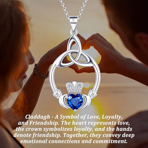 Gift Birthstone Necklaces for Women 925 Sterling Silver Irish Claddagh Necklace for Women Heart Birthstone Pendant Necklace Anniversary Birthday Gifts for Wife Lady Cable Chain 18"+2"4