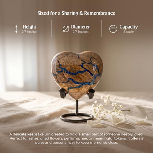 Image of Heart Shaped Wooden Cremation Urns for Human Ashes - 3 Cubic Inches Funeral Memorial Urn for Women & Men - Blue Decorative Keepsake Burial Urn for Male or Female Memorial Display