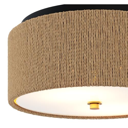 Nathan James Juluca Boho Light Fixture, Flush Mount Ceiling Light with Frosted Glass Diffuser, Rustic Boho Ceiling Light with Seagrass Shade by Nathan James - Used condition - Image 5