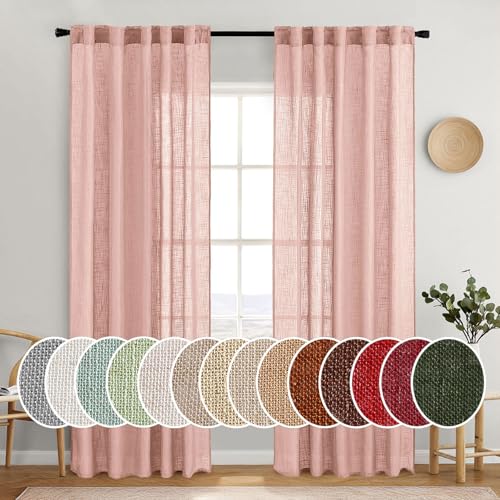 MIULEE Blush Pink Linen Curtains 84 Inches Long 2 Panels for Girls Bedroom Nursery, Soft Thick Linen Textured Window Drapes Semi Sheer Light Filtering Back Tab for Kids Living Room Light Pink Decor