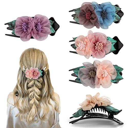 Mbsomnus 5 Stück Haarspange Damen, Haarklammer Groß Set mit Doppel Blume, Vintage Haarklammer Klaue, Haarspangen Geschwungen Fester Halt Ohne Rutschen für Mädchen Braut Brautjungfern Cover