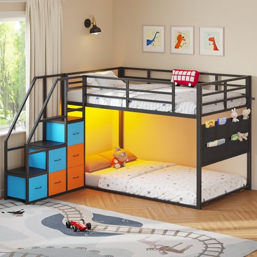 Low Bunk Bed Twin Over Twin with 6 Storage Drawers