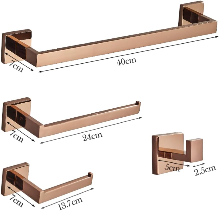 Rose Golden Towel Rack 4 Piece Set 40cm Bathroom Bathroom Hardware Nail Installation Toilet Paper Holder Washcloth Hook for Bath,Robe Hook,One Size