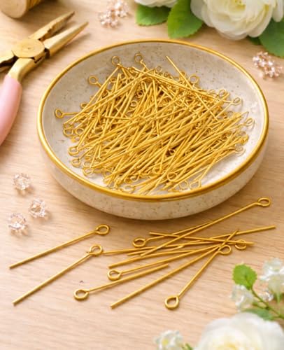 Image of Tia Crafts Eye Pins for Jewellery Making, Earrings & DIY Crafts | Golden Metal Eye Pins with Loop for Beads & Charms | Pack of 300 (Golden)