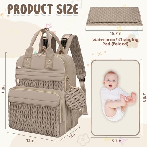 CandyHome Diaper Bag Backpack, Stylish Travel Baby Diaper Bags with Changing Pad, Insulated Pockets, Waterproof Baby Bag Converts into Tote Bag, Diaper Backpack, Stroller Bag (Khaki) - Thumbnail 2