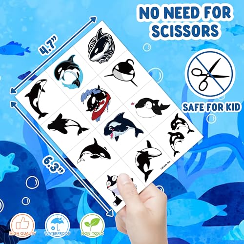 96 PCS Orca Pre-Cut Whale Birthday Party Decorations Favors Supplies Sea Ocean Killer Whale Temporary Tattoos Stickers for Girls Boys Cute Gifts School Prizes Rewards