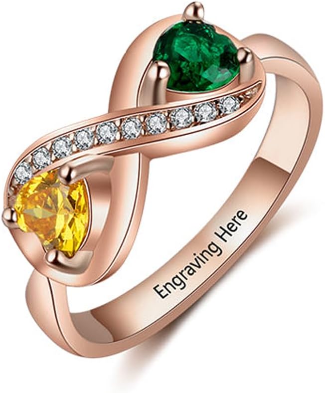 10K 14K 18K Gold Personalized Infinity Rings for Women, Custom 2 Heart Birthstones Engraved Ring Jewelry Gift for Anniversary Mother's Day Christmas Birthday